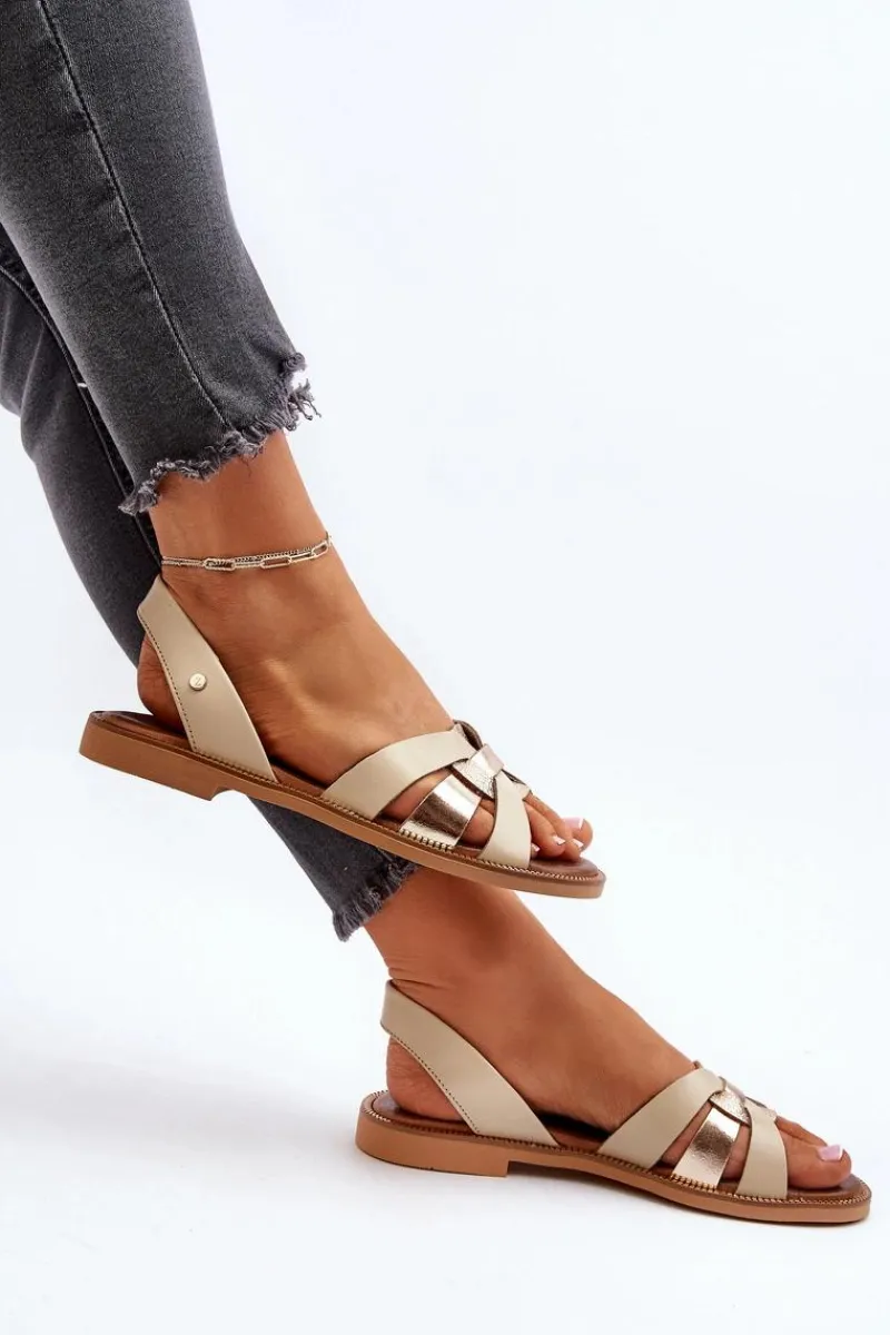 Sandały Płaskie>Zazoo 40382 Sandały Damskie Skórzane Beżowe