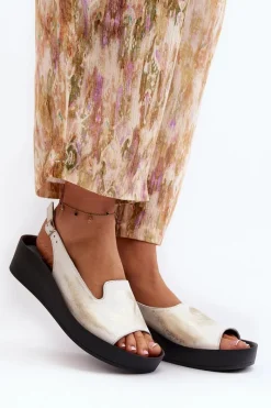 Zazoo 2893 Sandały Damskie Skórzane na Grubej Podeszwie Przecierany Złoty