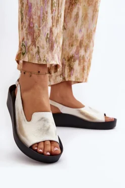 Zazoo 2893 Sandały Damskie Skórzane na Grubej Podeszwie Przecierany Złoty