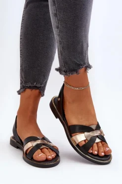 Discount 40382 Sandały Damskie Skórzane Czarne Damskie Sandały Płaskie