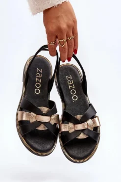 Discount 40382 Sandały Damskie Skórzane Czarne Damskie Sandały Płaskie