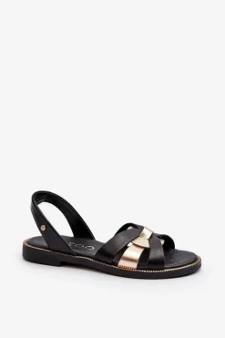 Discount 40382 Sandały Damskie Skórzane Czarne Damskie Sandały Płaskie