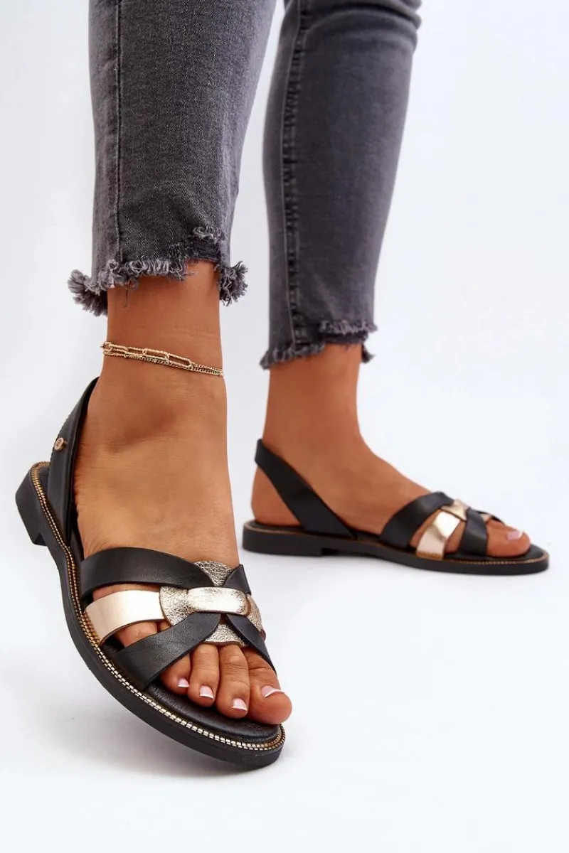 Discount 40382 Sandały Damskie Skórzane Czarne Damskie Sandały Płaskie