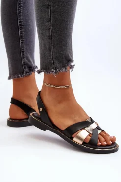 Discount 40382 Sandały Damskie Skórzane Czarne Damskie Sandały Płaskie