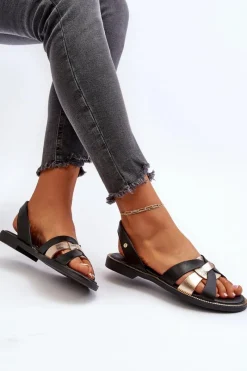 Discount 40382 Sandały Damskie Skórzane Czarne Damskie Sandały Płaskie