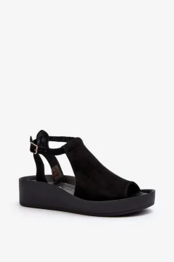 Hot 2914 Sandały Damskie Zamszowe Czarne Damskie Sandały Płaskie