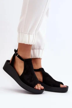 Hot 2914 Sandały Damskie Zamszowe Czarne Damskie Sandały Płaskie