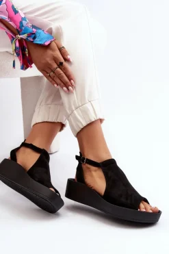 Hot 2914 Sandały Damskie Zamszowe Czarne Damskie Sandały Płaskie