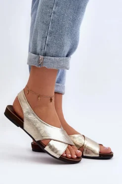 Hot 40407 Sandały Skórzane Damskie Złote Damskie Sandały Płaskie