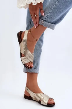 Hot 40407 Sandały Skórzane Damskie Złote Damskie Sandały Płaskie