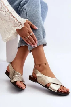 Hot 40407 Sandały Skórzane Damskie Złote Damskie Sandały Płaskie