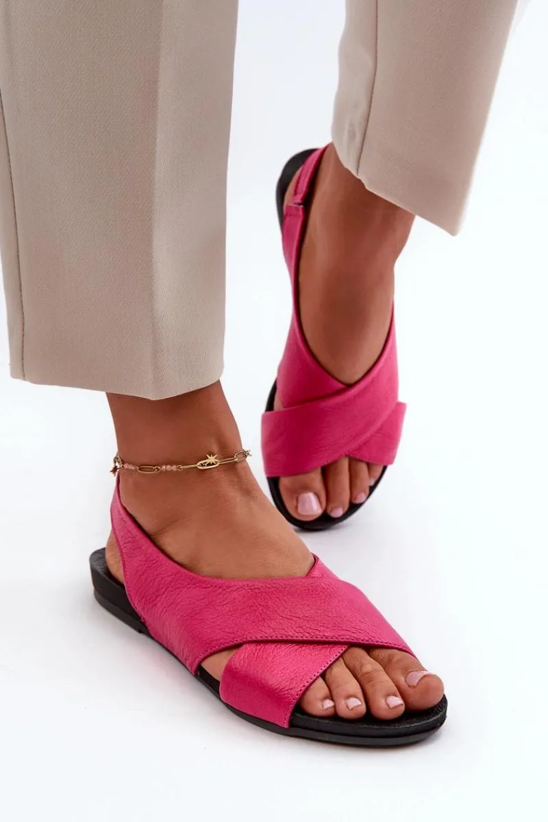 40407 Sandały Skórzane Damskie Fuksja Damskie Sandały Płaskie