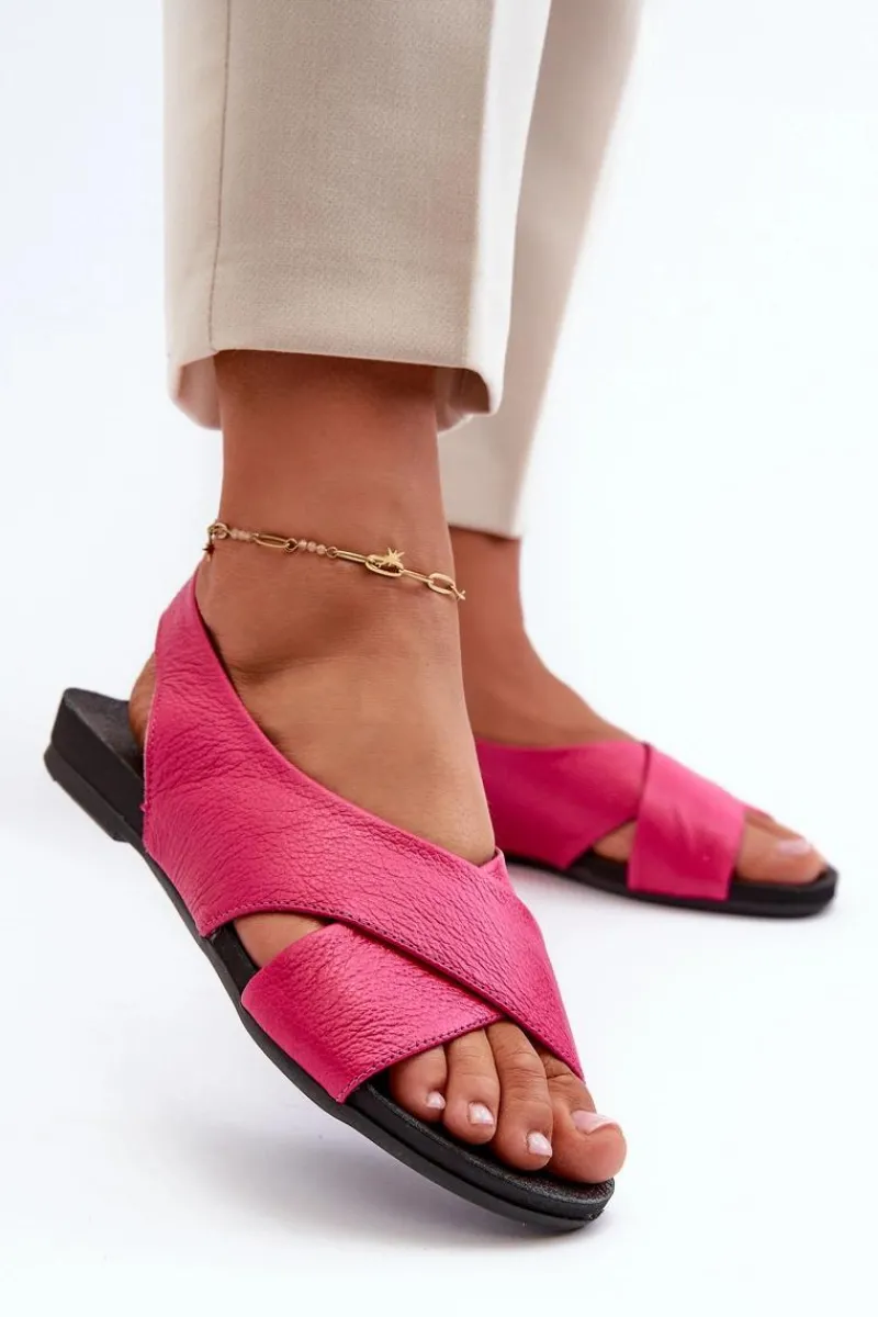40407 Sandały Skórzane Damskie Fuksja Damskie Sandały Płaskie