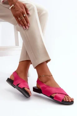 40407 Sandały Skórzane Damskie Fuksja Damskie Sandały Płaskie