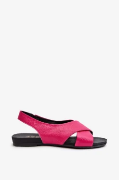 40407 Sandały Skórzane Damskie Fuksja Damskie Sandały Płaskie