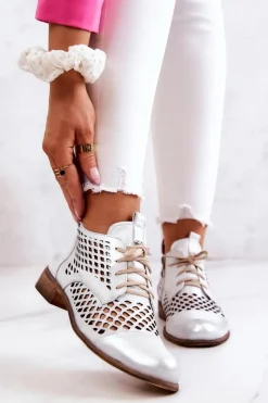 Botki Wiosenne|Botki Sznurowane>Zazoo 2704 Skórzane Ażurowe Botki Biało-Srebrne