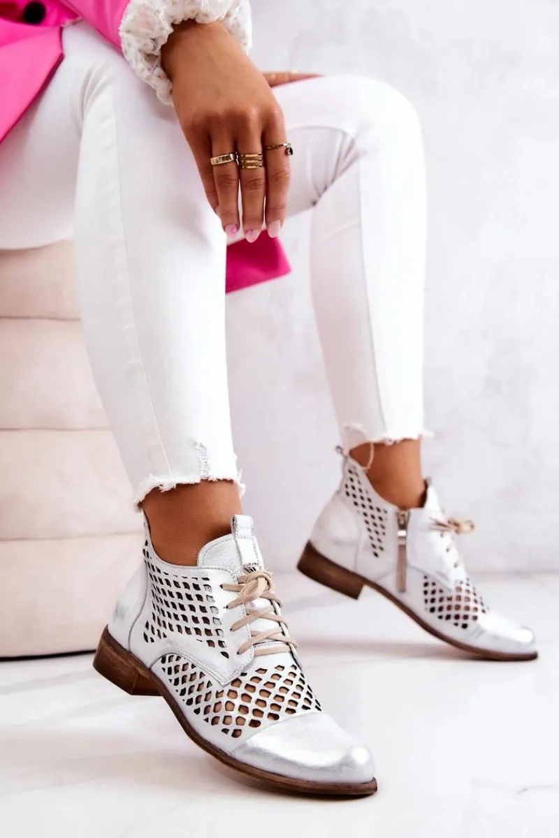 Botki Wiosenne|Botki Sznurowane>Zazoo 2704 Skórzane Ażurowe Botki Biało-Srebrne