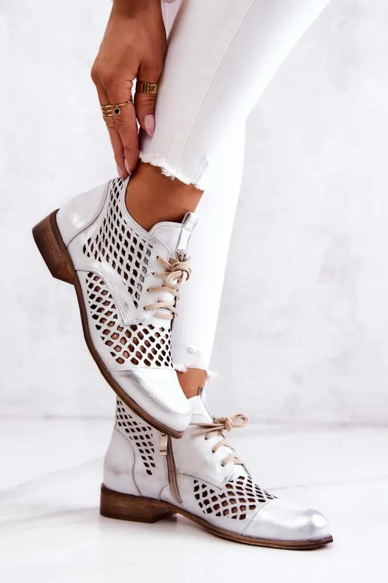 Botki Wiosenne|Botki Sznurowane>Zazoo 2704 Skórzane Ażurowe Botki Biało-Srebrne
