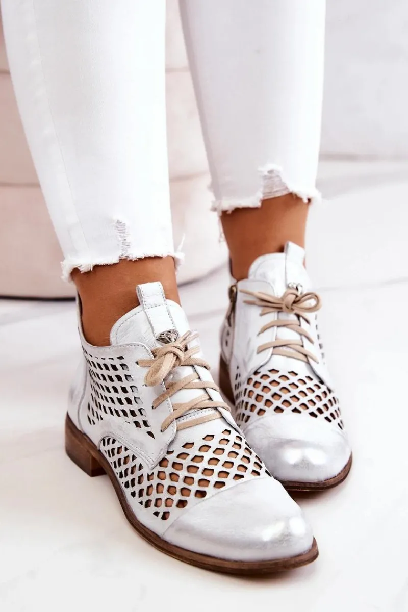 Botki Wiosenne|Botki Sznurowane>Zazoo 2704 Skórzane Ażurowe Botki Biało-Srebrne
