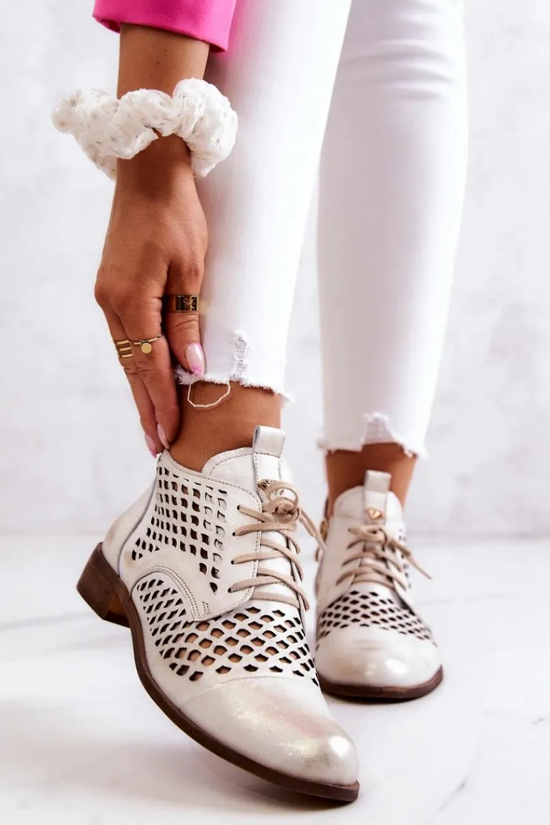 Outlet Zazoo 2704 Skórzane Ażurowe Botki Biało-Złote