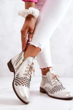 Outlet Zazoo 2704 Skórzane Ażurowe Botki Biało-Złote