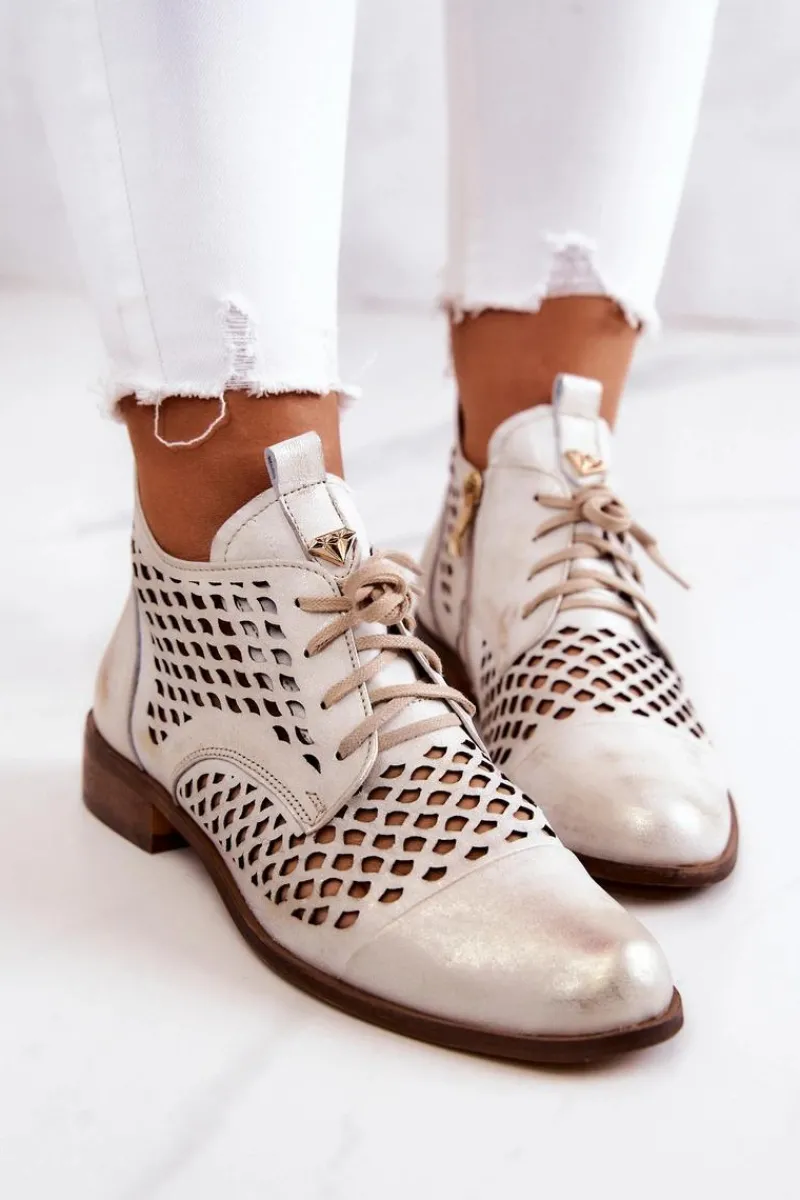 Outlet Zazoo 2704 Skórzane Ażurowe Botki Biało-Złote