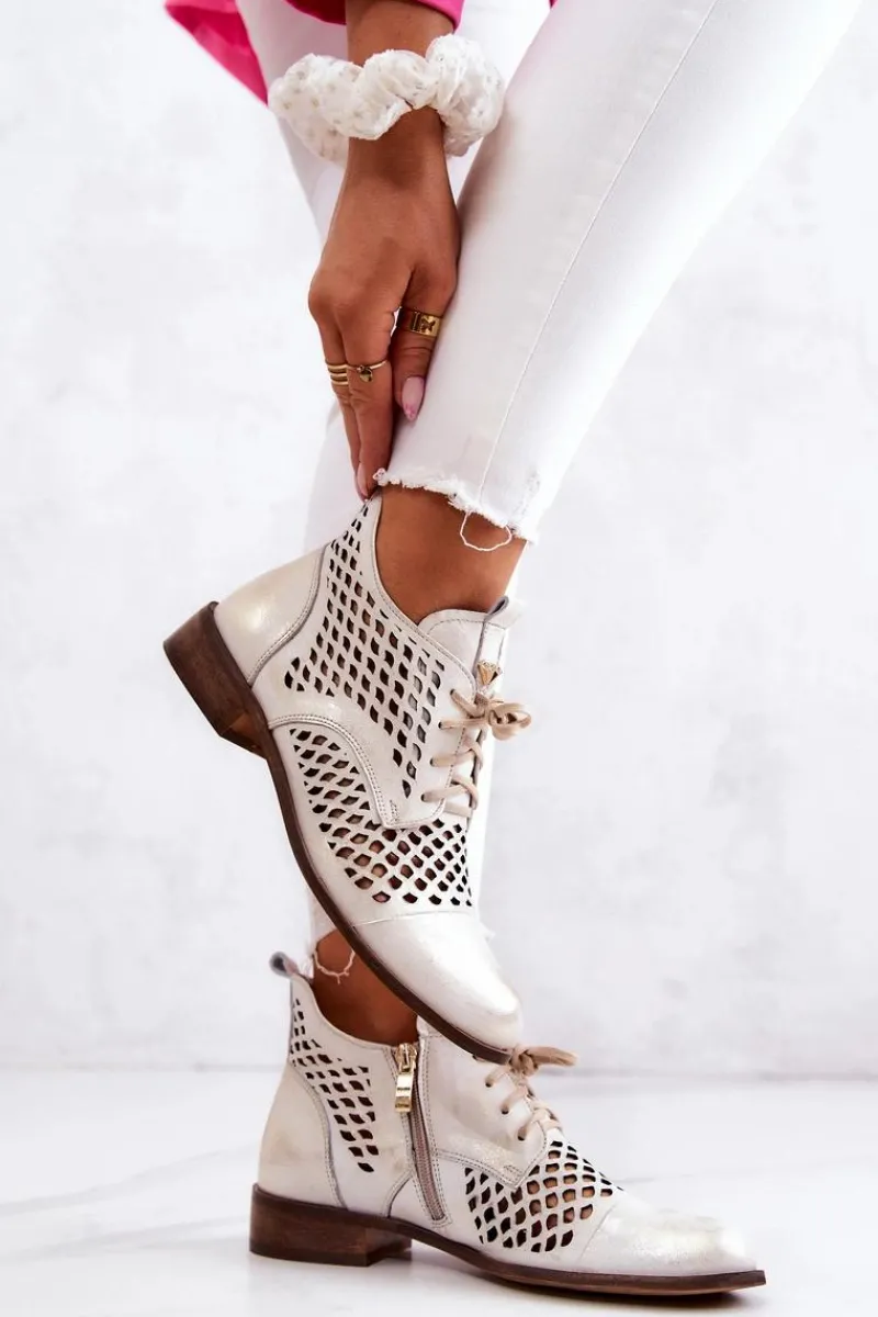 Outlet Zazoo 2704 Skórzane Ażurowe Botki Biało-Złote