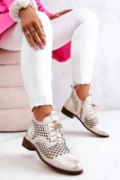 Outlet Zazoo 2704 Skórzane Ażurowe Botki Biało-Złote