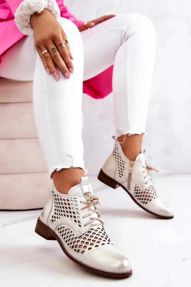 Outlet Zazoo 2704 Skórzane Ażurowe Botki Biało-Złote