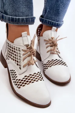 Online Zazoo 2704 Skórzane Ażurowe Botki Białe Biały