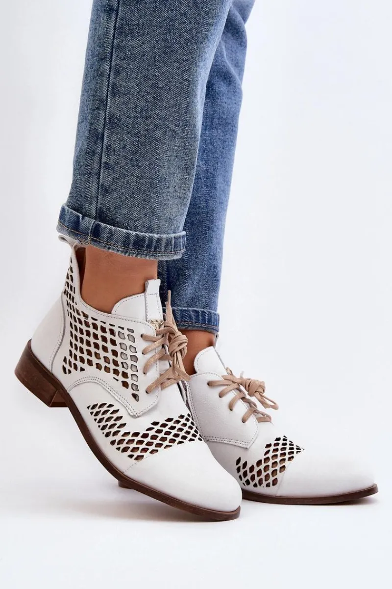 Online Zazoo 2704 Skórzane Ażurowe Botki Białe Biały