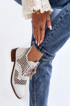 Online Zazoo 2704 Skórzane Ażurowe Botki Białe Biały