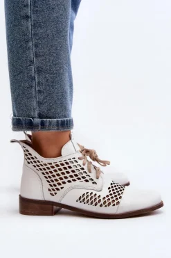 Online Zazoo 2704 Skórzane Ażurowe Botki Białe Biały
