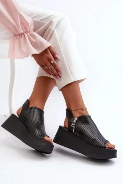 1792 Skórzane Ażurowe Sandały Na Koturnie Czarne Damskie Sandały Ażurowe|Sandały Na Obcasie