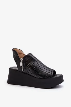 1792 Skórzane Ażurowe Sandały Na Koturnie Czarne Damskie Sandały Ażurowe|Sandały Na Obcasie