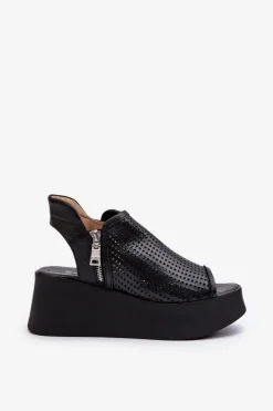 1792 Skórzane Ażurowe Sandały Na Koturnie Czarne Damskie Sandały Ażurowe|Sandały Na Obcasie