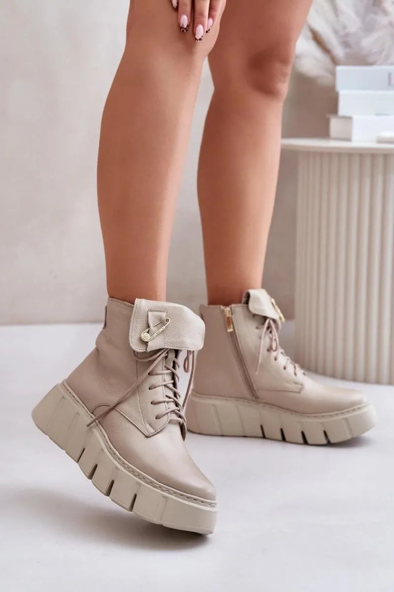 Clearance Zazoo 60511 Skórzane Botki Damskie Na Platformie Ocieplane Beżowe Beżowy
