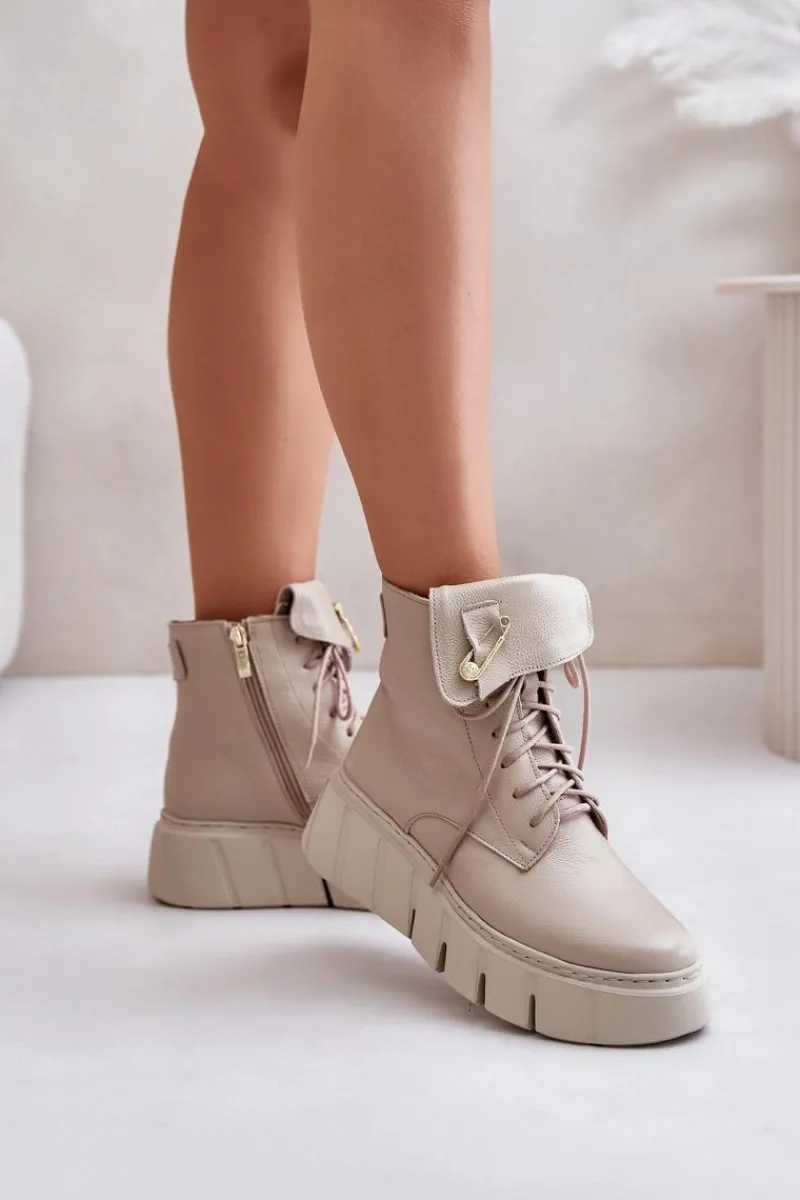 Clearance Zazoo 60511 Skórzane Botki Damskie Na Platformie Ocieplane Beżowe Beżowy