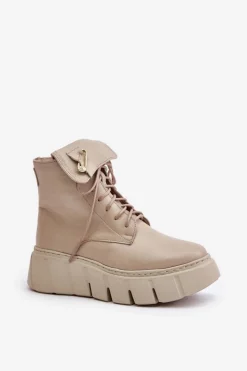 Clearance Zazoo 60511 Skórzane Botki Damskie Na Platformie Ocieplane Beżowe Beżowy