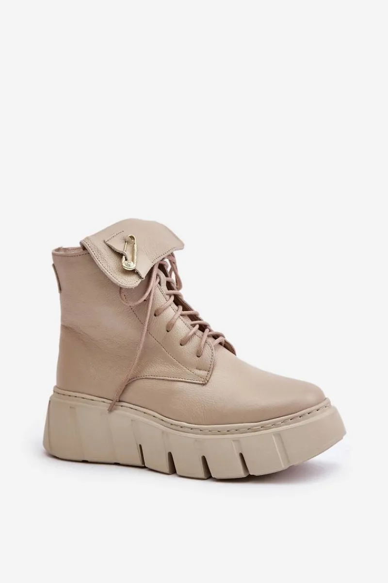 Clearance Zazoo 60511 Skórzane Botki Damskie Na Platformie Ocieplane Beżowe Beżowy
