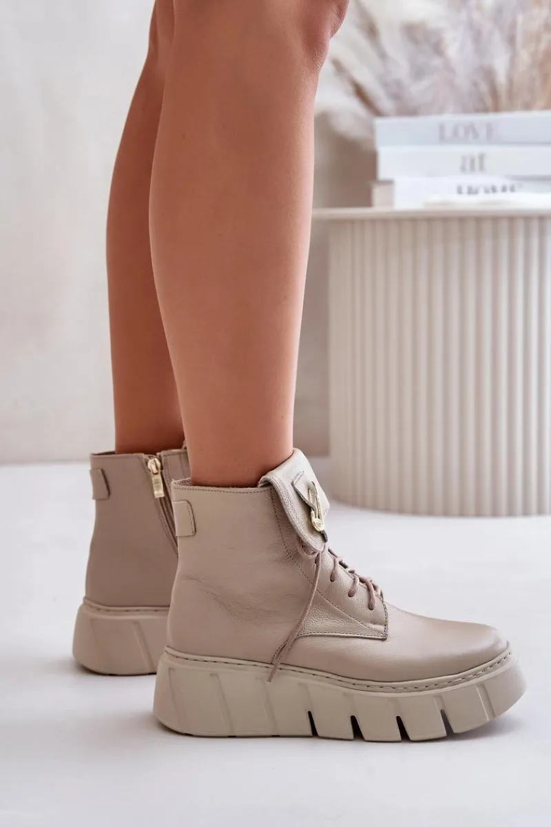 Clearance Zazoo 60511 Skórzane Botki Damskie Na Platformie Ocieplane Beżowe Beżowy