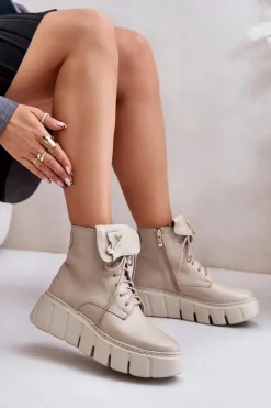 Clearance Zazoo 60511 Skórzane Botki Damskie Na Platformie Ocieplane Beżowe Beżowy