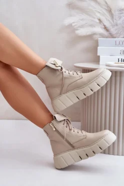 Clearance Zazoo 60511 Skórzane Botki Damskie Na Platformie Ocieplane Beżowe Beżowy