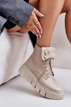 Clearance Zazoo 60511 Skórzane Botki Damskie Na Platformie Ocieplane Beżowe Beżowy