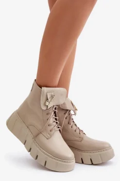Clearance Zazoo 60511 Skórzane Botki Damskie Na Platformie Ocieplane Beżowe Beżowy