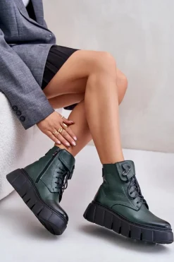 Botki Na Koturnie|Czarne Botki>Zazoo 60511 Skórzane Botki Damskie Na Platformie Ocieplane Ciemnozielone Zielony