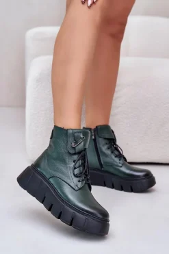 Botki Na Koturnie|Czarne Botki>Zazoo 60511 Skórzane Botki Damskie Na Platformie Ocieplane Ciemnozielone Zielony