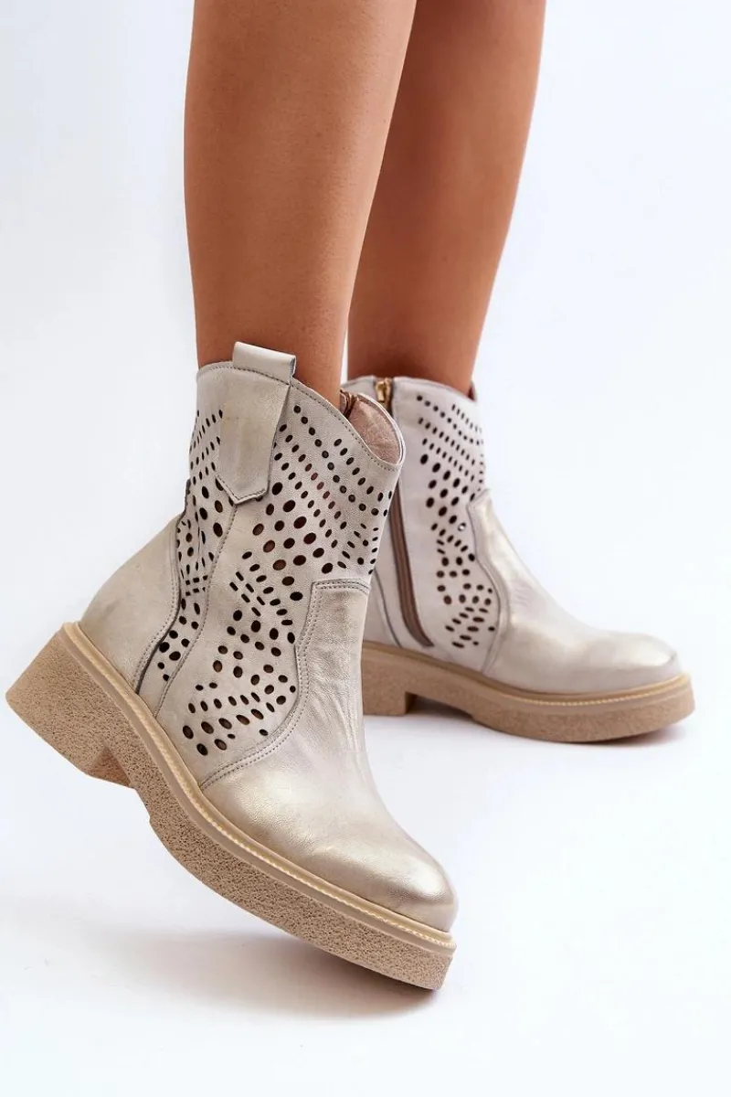 Botki Wiosenne|Botki Skórzane>Zazoo 3470 Skórzane Botki Damskie Na Płaskim Obcasie Ażurowe Złote Przecierane Złoty
