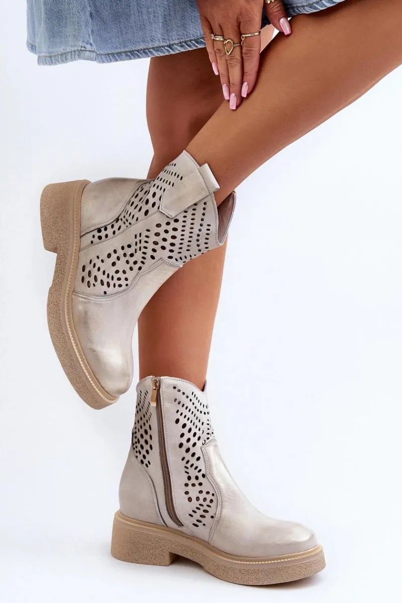 Botki Wiosenne|Botki Skórzane>Zazoo 3470 Skórzane Botki Damskie Na Płaskim Obcasie Ażurowe Złote Przecierane Złoty