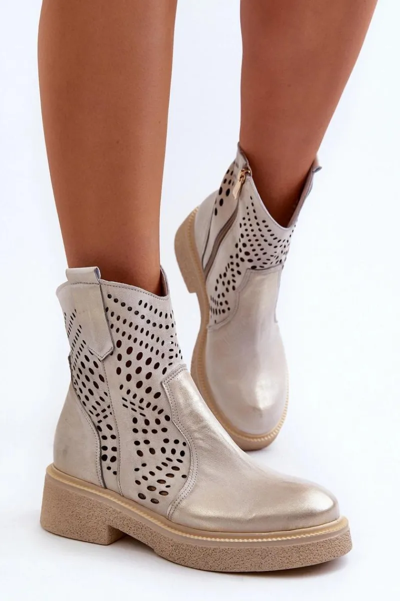 Botki Wiosenne|Botki Skórzane>Zazoo 3470 Skórzane Botki Damskie Na Płaskim Obcasie Ażurowe Złote Przecierane Złoty